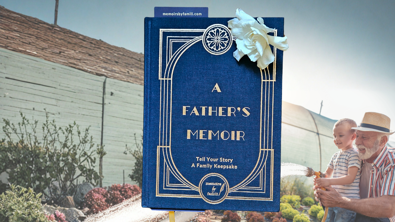 A Father's Memoir Book with grandpa and grandson in the background watering plants together